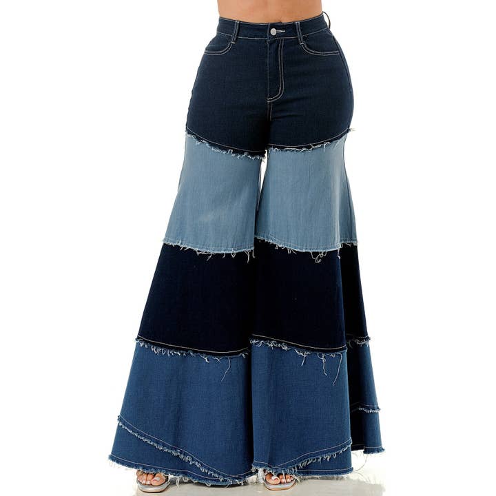 DENIM Pantaloni di jeans a gamba larga con patchwork a blocchi di colore Plus in vendita all'ingrosso su Faire