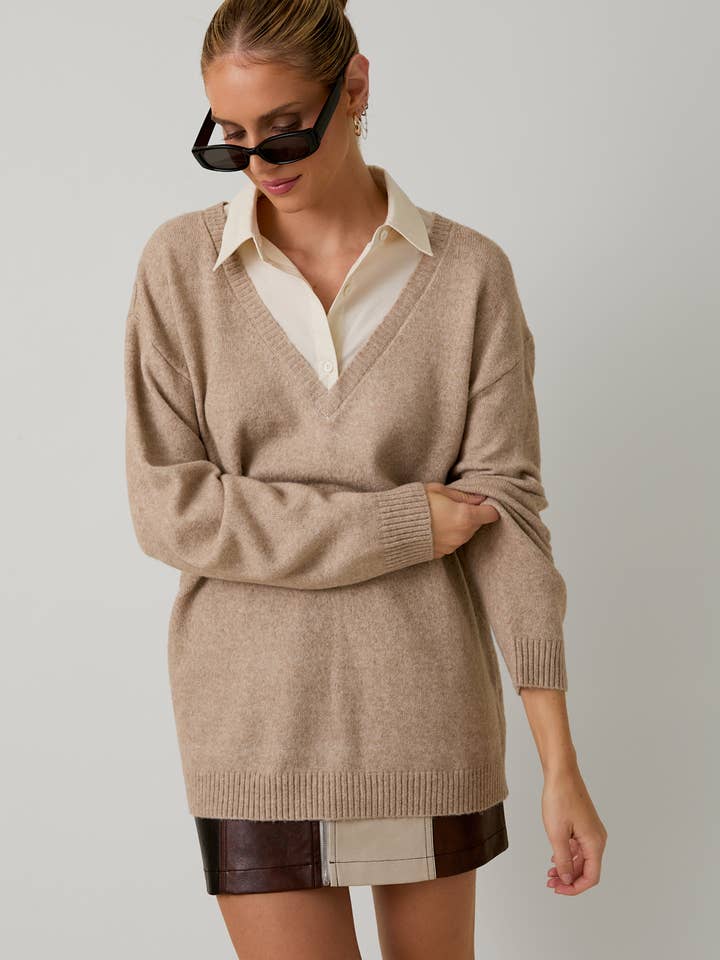 OATMEAL LONG SLEEVE SHIRT COLLAR LAYERED PULL OVER SWEATER TOP for wholesale on Faire2
