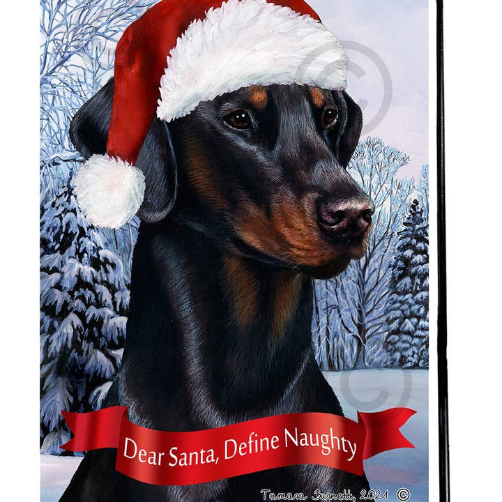 Pet Gifts USA, LLC – wholesale Flagga – Doberman Black & Tan Flag: ”Kära jultomten, definiera Naughty”