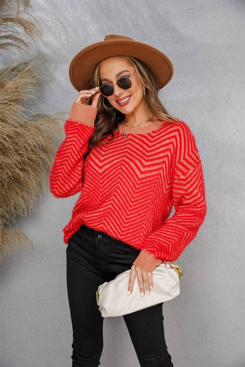 NINEXIS - Wholesale Knit Sweater - Women's - CWOSWL1707_V-neck Long Sleeve Striped Pullover Sweater5