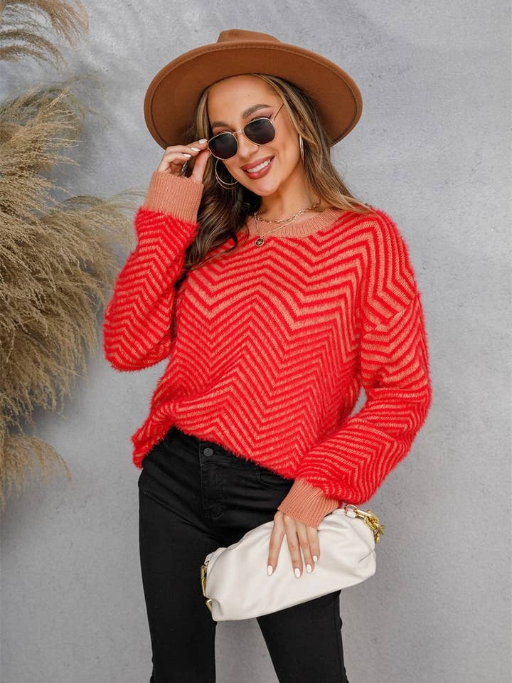 NINEXIS - Wholesale Knit Sweater - Women's - CWOSWL1707_V-neck Long Sleeve Striped Pullover Sweater10