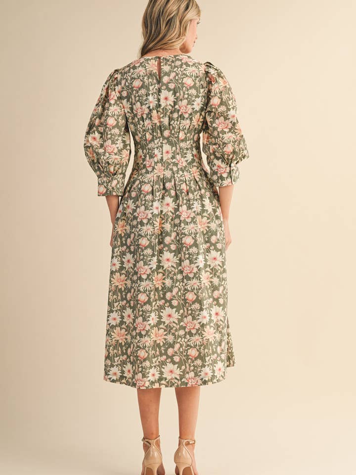 &MERCI - Wholesale Dress - Women's - FLORAL PRINT PLEATED WAIST MIDI DRESS MDR447713