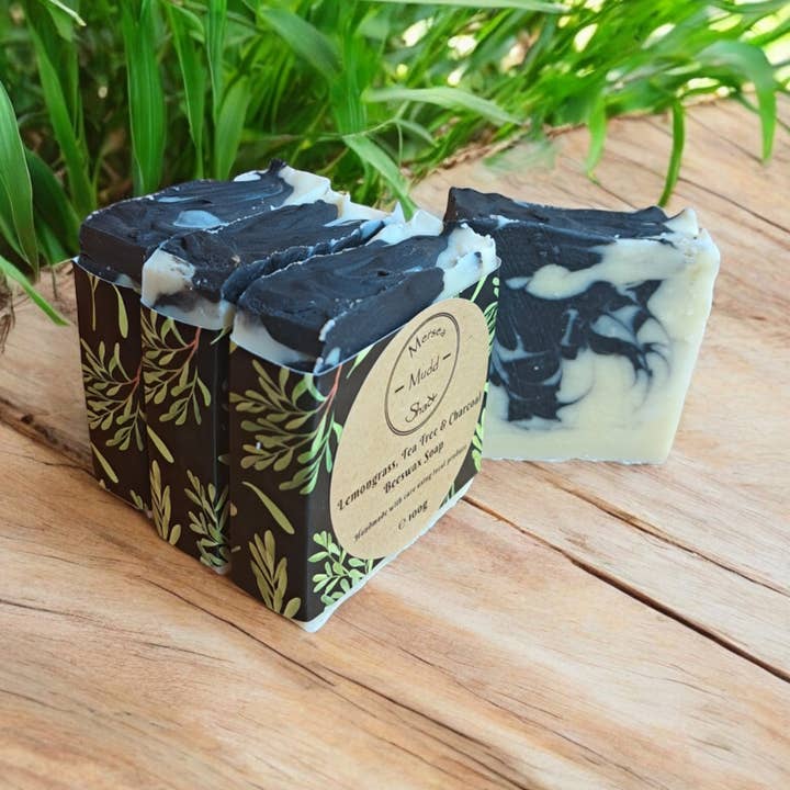 Lemongrass, Tea Tree & Charcoal Beeswax Soap 100g for wholesale by Mersea Mudd Shack Ltd