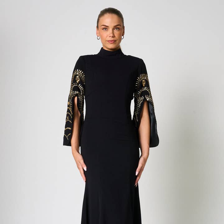 Ebba Black Maxi Dress with Embellished Sleeves for wholesale by Frock & Frill