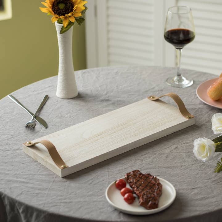 Quickway Imports - Wholesale Serving Tray - Wooden Rectangular Tray Serving Board with Leather Handles5