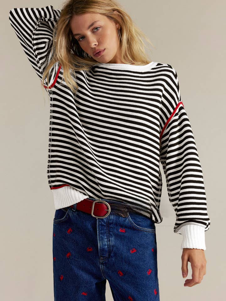 Lovesoft - Wholesale Knit Sweater - Women's - Striped Knit Sweater Pullover | Relaxed Vintage Fit