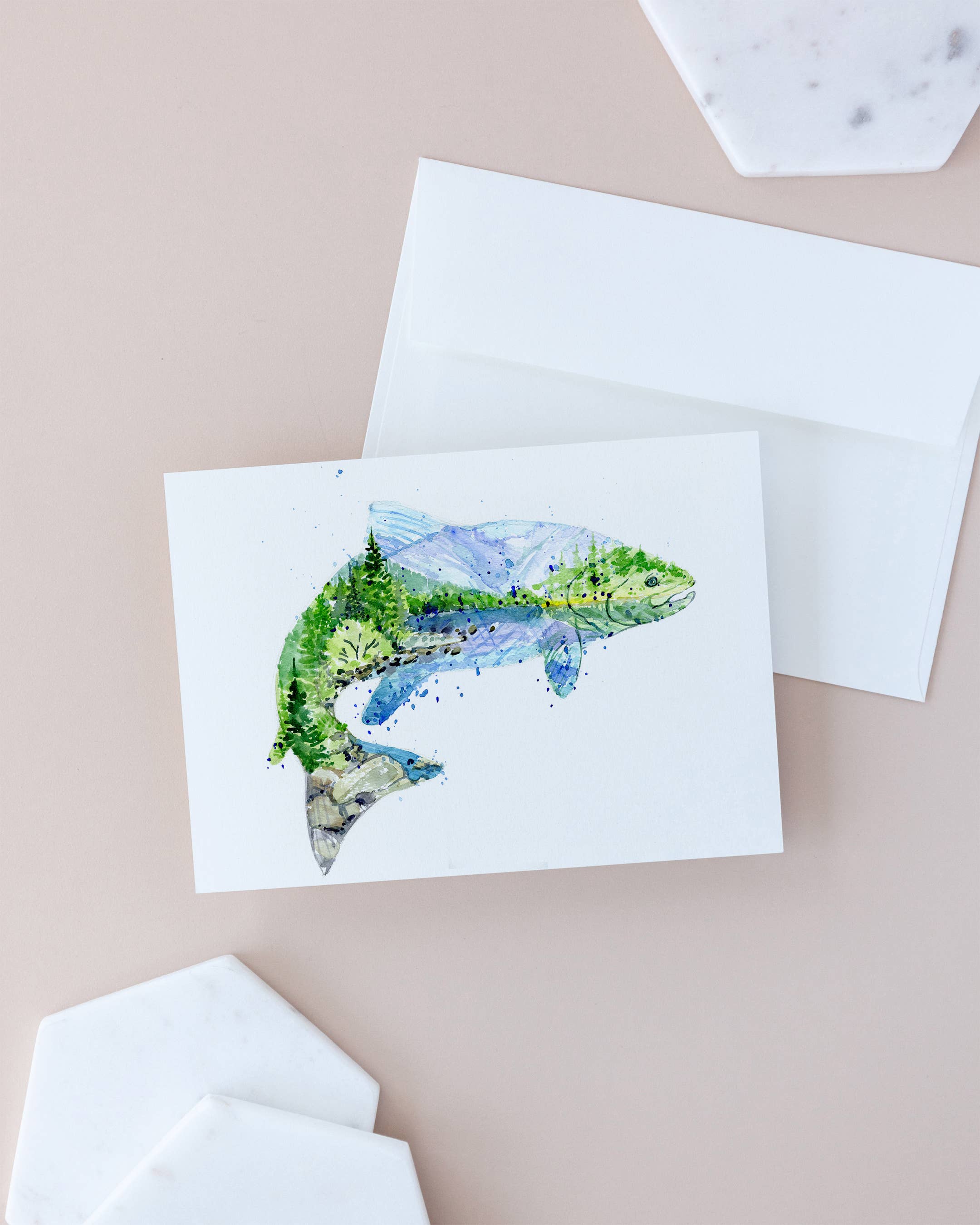 Elena Markelova Arts - Wholesale Everyday Greeting Card - Steelhead Salmon Watercolor Fish Lake Art Card2