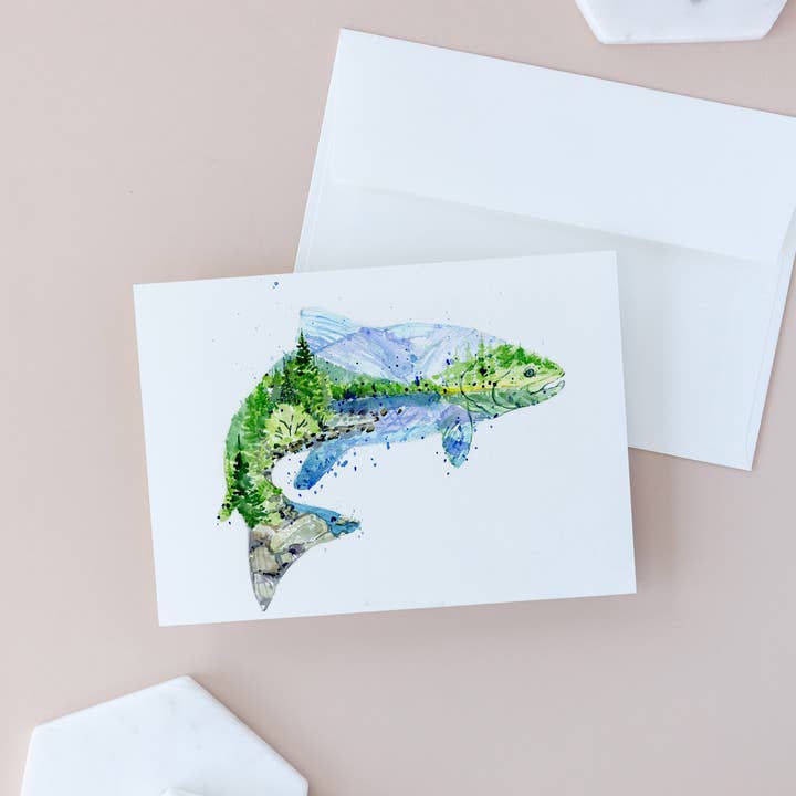 Elena Markelova Arts - Wholesale Everyday Greeting Card - Steelhead Salmon Watercolor Fish Lake Art Card2