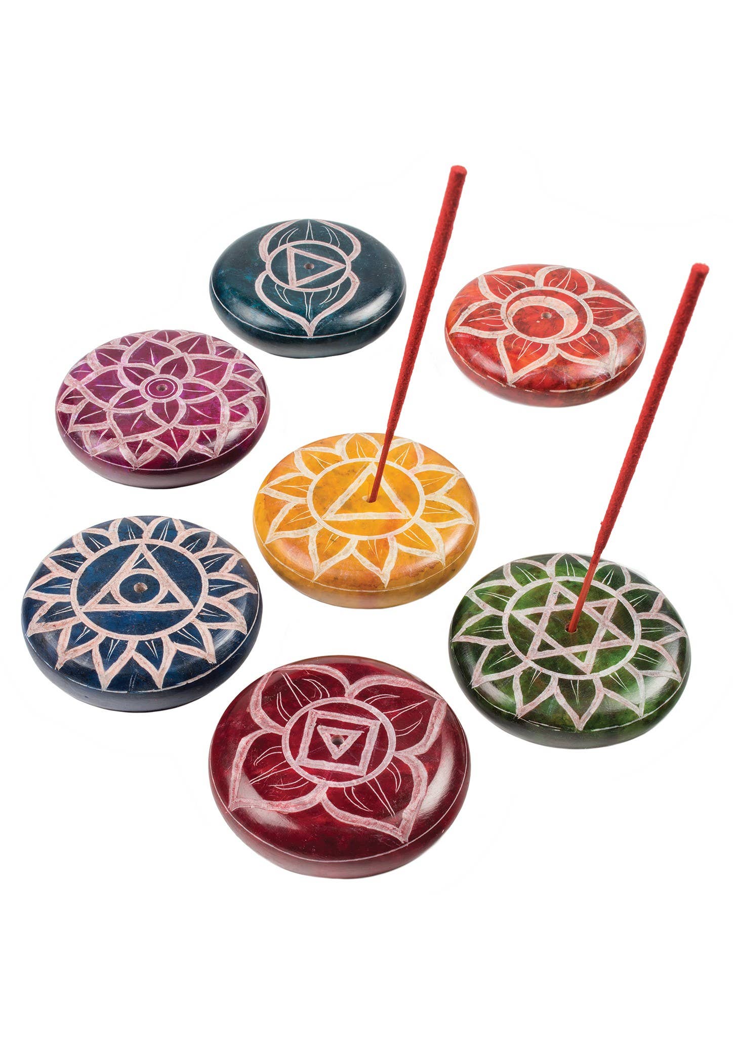 Namaste - Wholesale Incense Holder - Chakra Carved Round Soapstone Incense Holder Pebble1