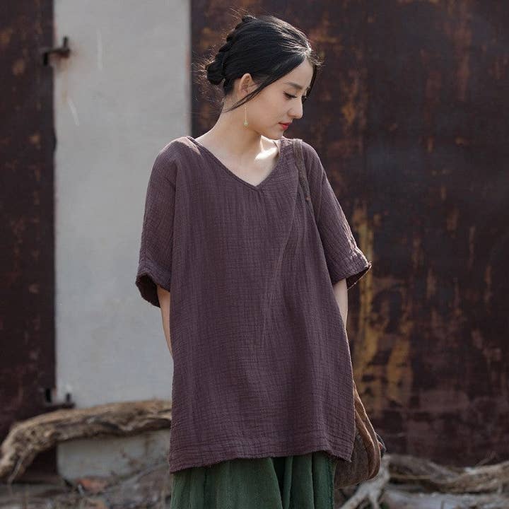 UZ Wholesale Store - Wholesale Tunic - Women's - Solid Color Double-Layer Bamboo Joint Literary All-Match T-Shirt