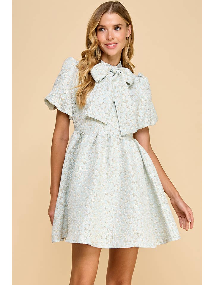 TCEC - Wholesale Dress - Women's - CD05250-Jacquard Puff Sleeve Pussy Bow Detail Dress