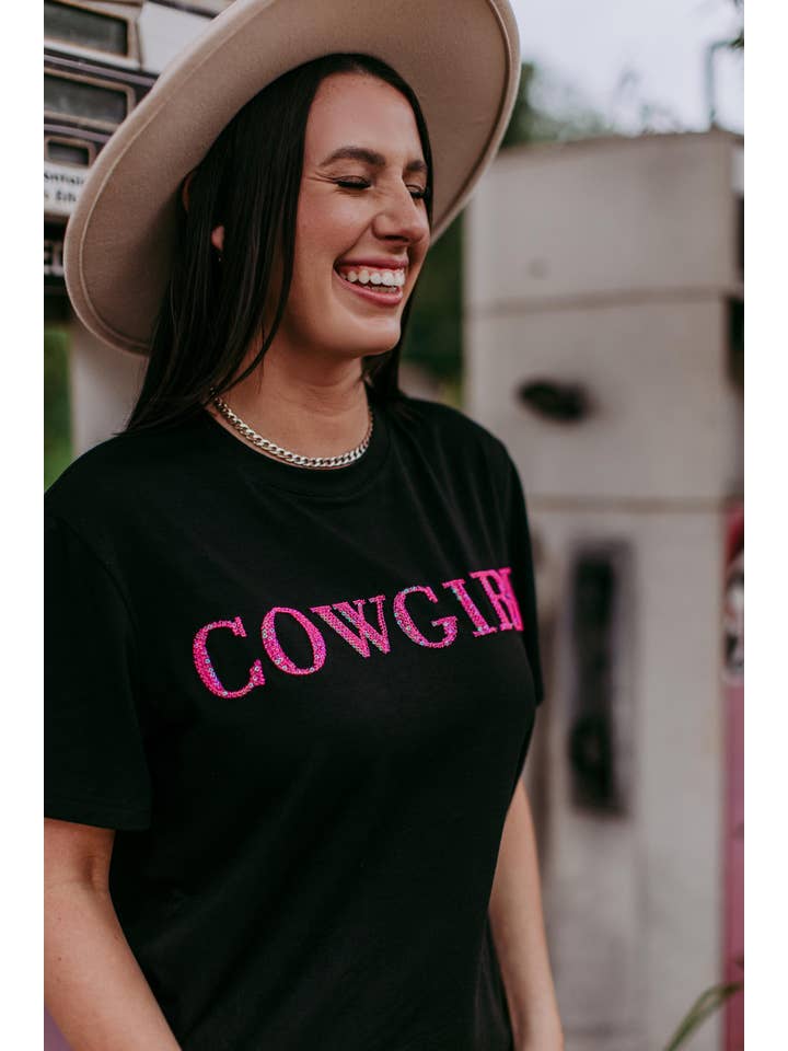 Black MK406 Cowgirl 3D Pink Sequin Embroidered Tee for wholesale on Faire