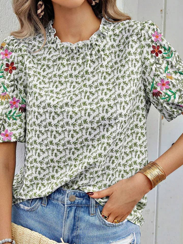 Lily Clothing - Wholesale Blouse - Women's - EMBROIDERED PRINTED TURTLENECK BLOUSE