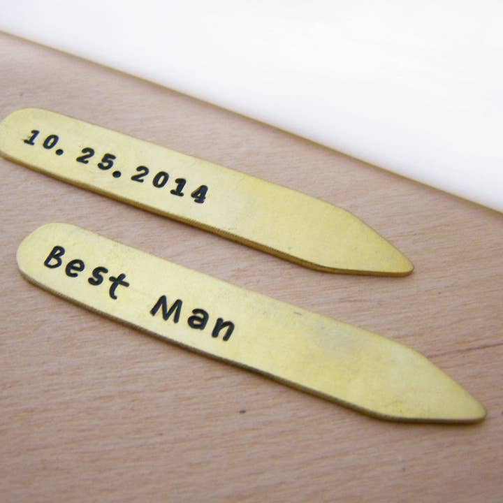 Hand Stamped Brass Collar Stays / Gift for Him for wholesale by CY Design Studio