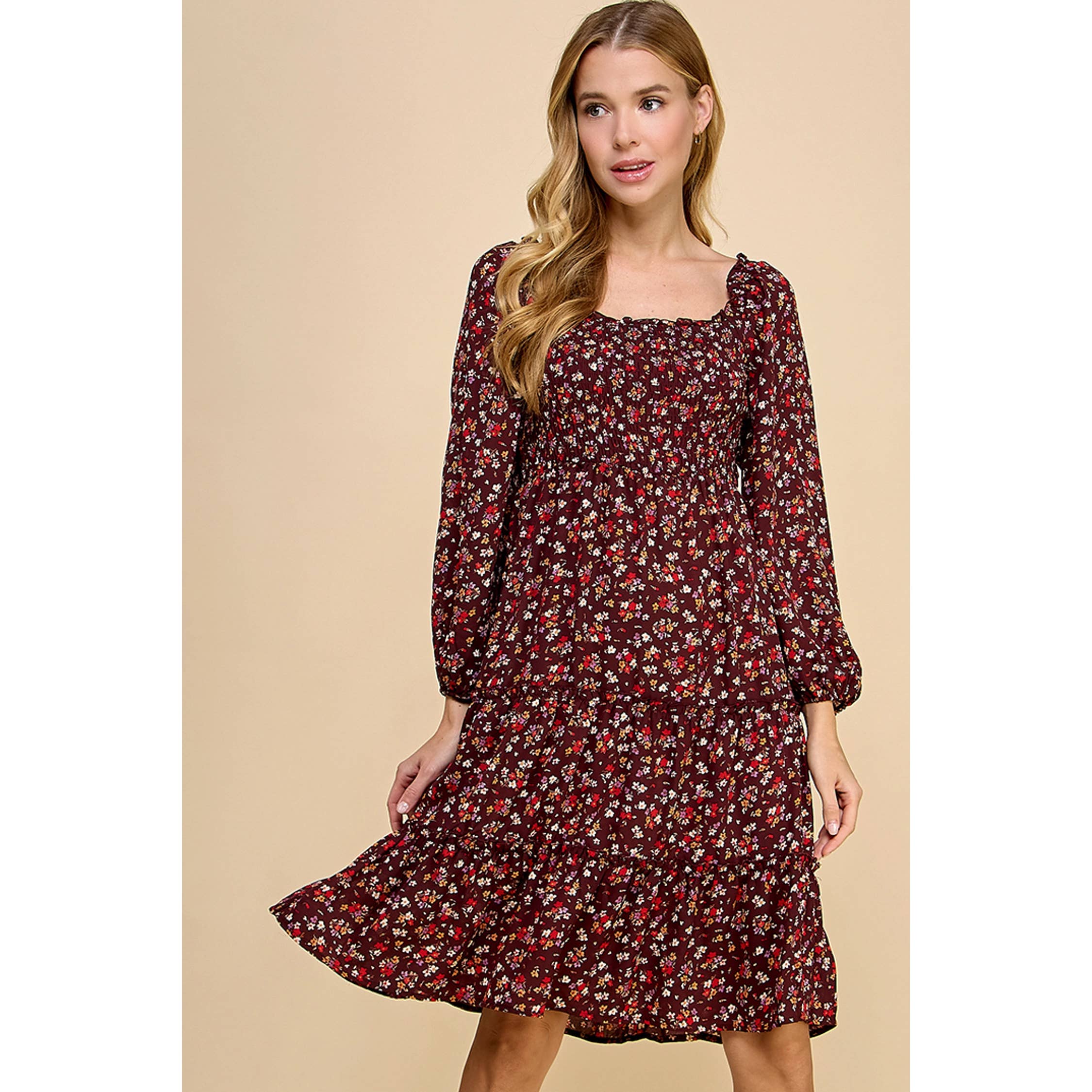 BRN/RUS/LAV GESTUFTES KLEID MIT RAUSCHEN UND LANGEN ÄRMELN A450877M67 für den Großhandel auf Faire