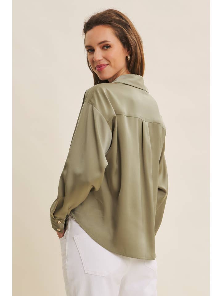 in february - Wholesale Button Down Shirt - Women's - BUTTON-DOWN KNOTTED SATIN SHIRT WITH LAPEL COLLAR