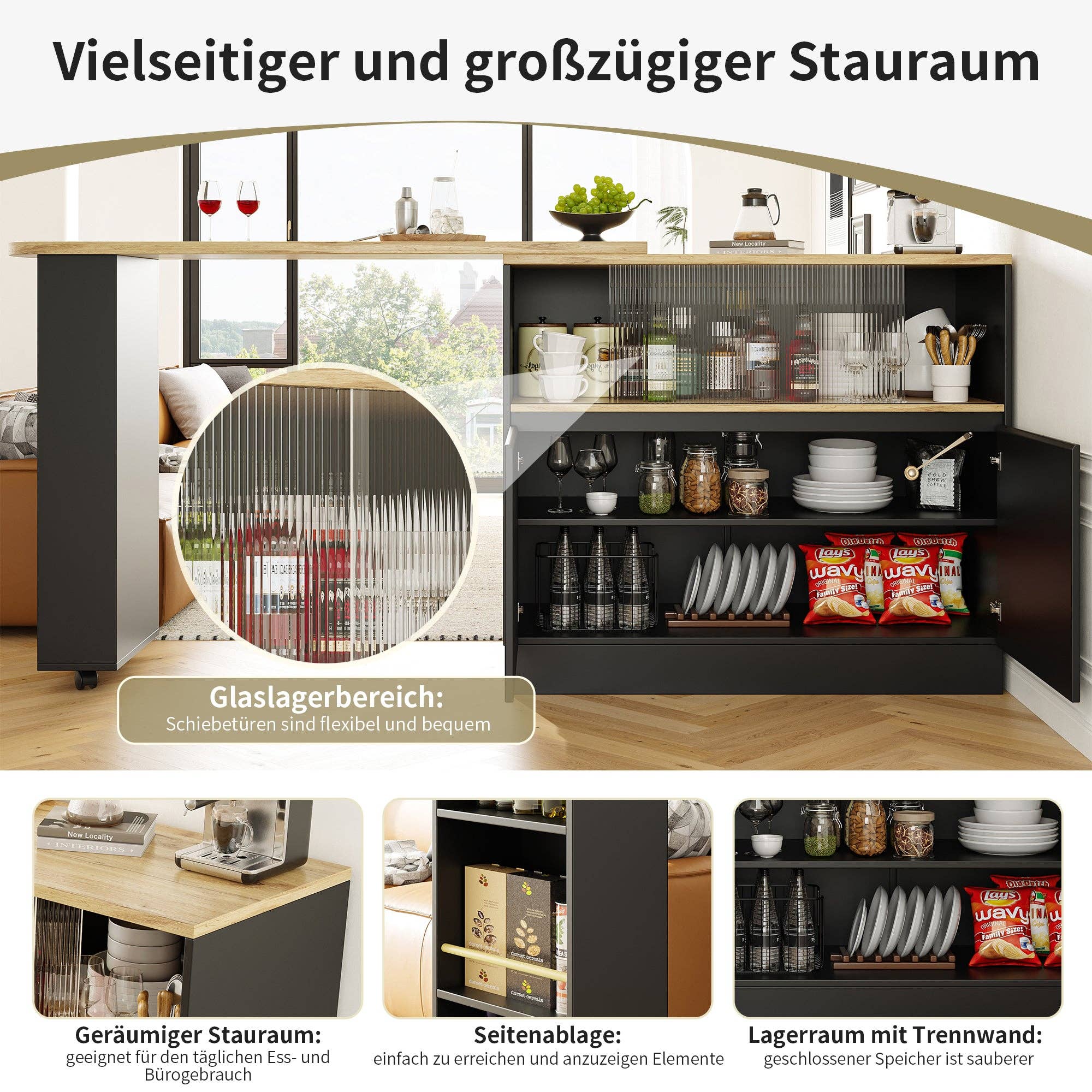 Urban Meuble - Wholesale Sideboard - Wood-effect and black bar table with 360° swivel storage and corrugated glass TINPLATE13