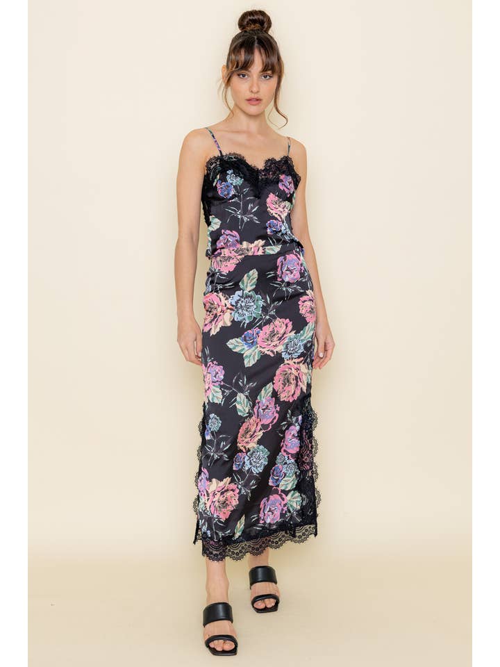 BLACK MULTI CHIC HIGH WAISTED FLORAL LACE SIDE SLIT MAXI SKIRT-SC4217FO for wholesale on Faire