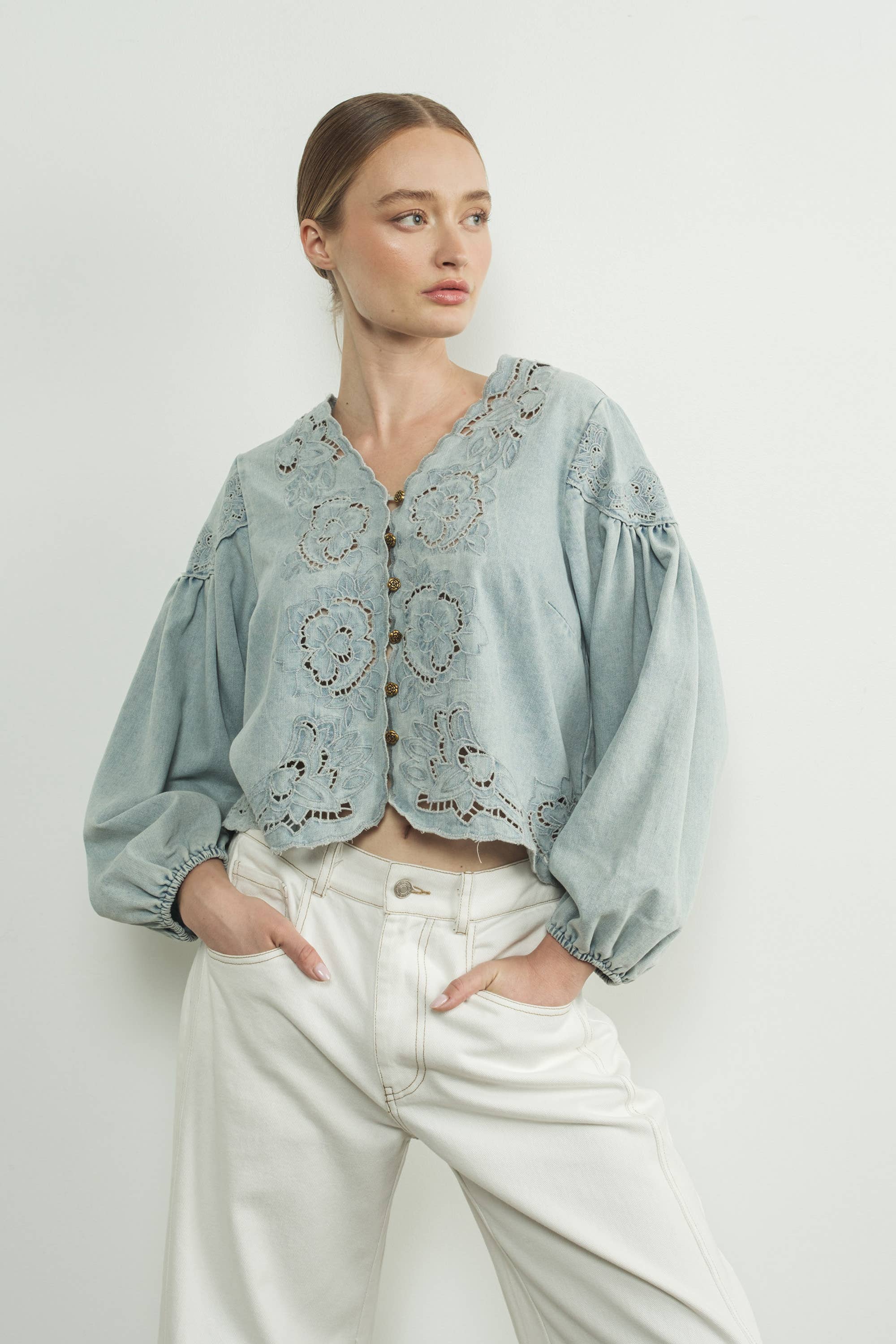 Aaron & Amber - Wholesale Blouse - Women's - MAT2892 DENIM EMBROIDERY VOLUME SLEEVE BLOUSE TOP1