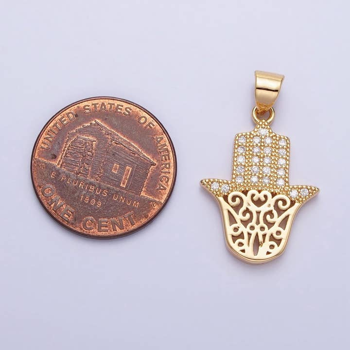 Aim Eternal - Wholesale Individual charm/pendant - Dainty 24K Gold Filled Hamsa Hand Pendant Micro Pave Silver Hand of Fatimah Charm AA307 AA3081