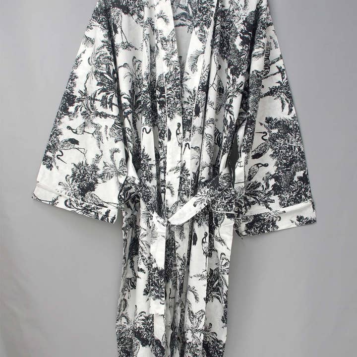 Cotton Kimono Dressing Gown Robe - Black Jungle Print for wholesale by Kantha Decor
