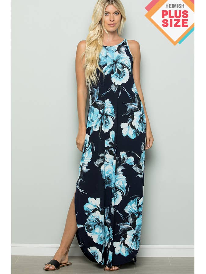 FLORAL PRINT MAXI DRESS WITH SIDE POCKET PLUS SIZE for wholesale by Pink Irene Wholesale