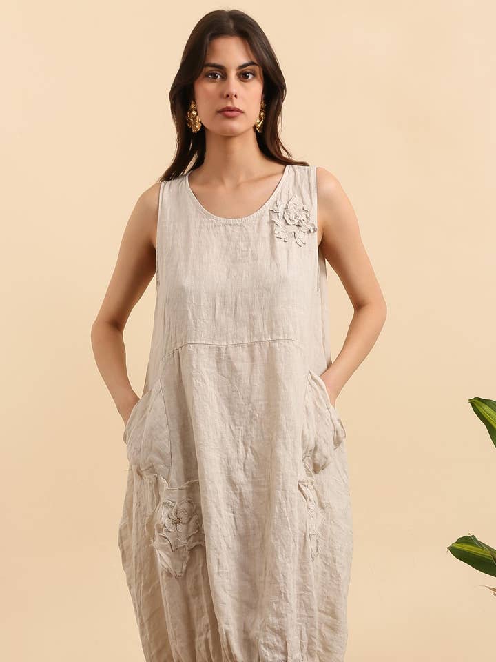 la maison des fibres naturelles - Wholesale Dress - Women's - dress with flower embroidery 28368 100% linen