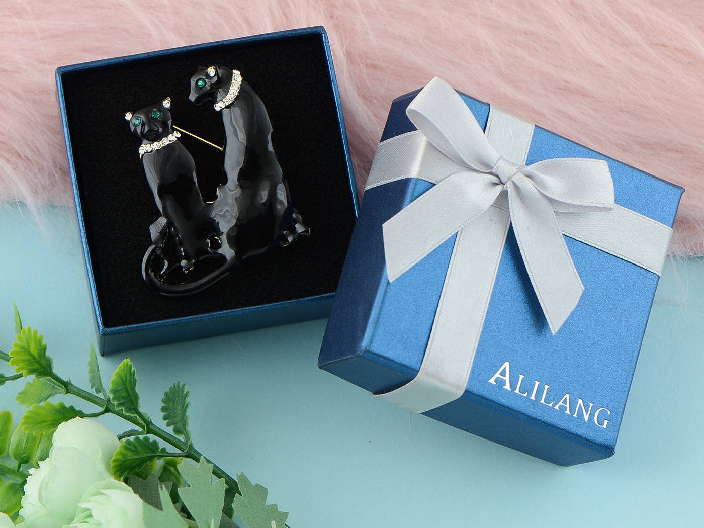 AK Brand - Wholesale Brooch - Turquoise Blue Spotted Leopard Family Twin Lover Brooch Pin8