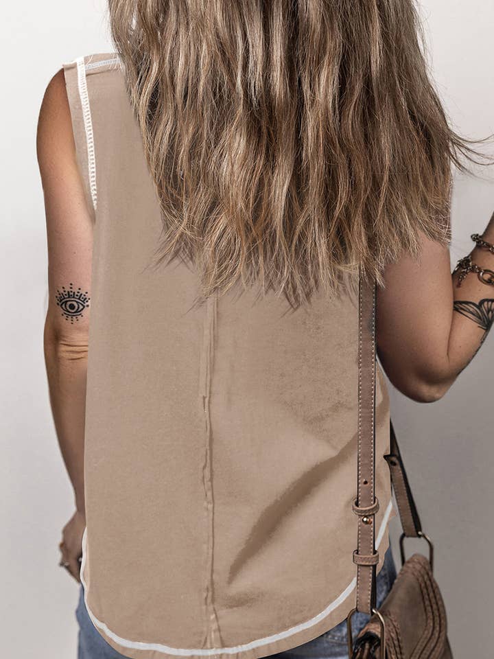 Lovesoft - Wholesale Tank Top - Women's - Contrast Stitching Exposed Seam Henley Tank Top