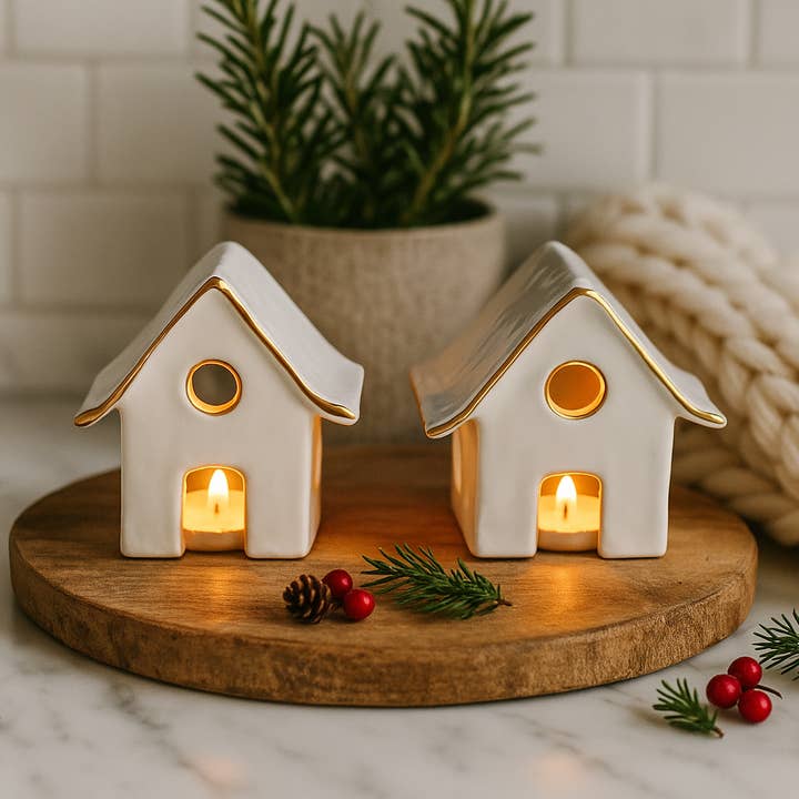 Gylden Tagskæg Mini Hus Lanterne, Håndbygget Keramisk Lysestage for engroshandel hos Design by Pouneh