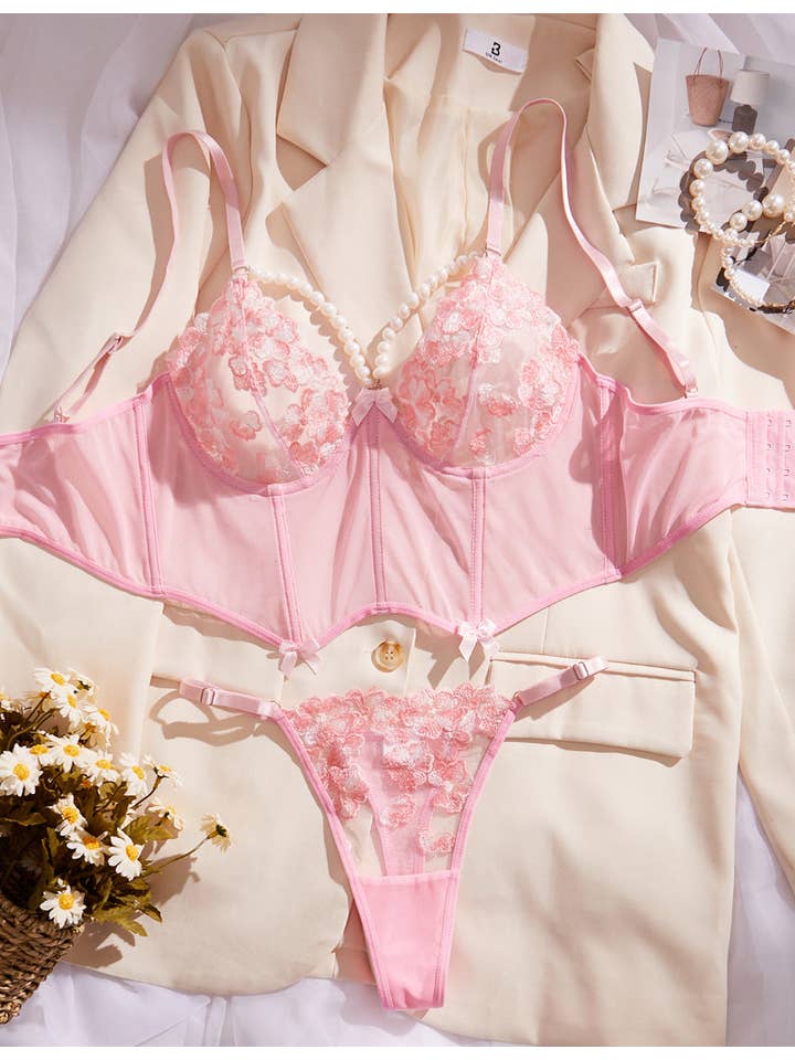 Rose Ensemble de corset lingerie brodé floral pour femmes SKLG4162 en vente sur Faire