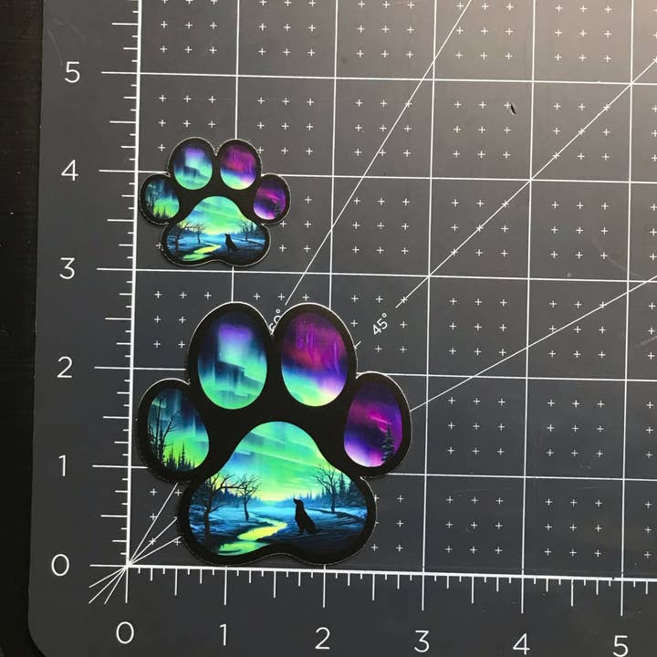 National Parks and Beyond - Wholesale Sticker - Northern Lights Paw Print Sticker – Dog and Aurora Design4