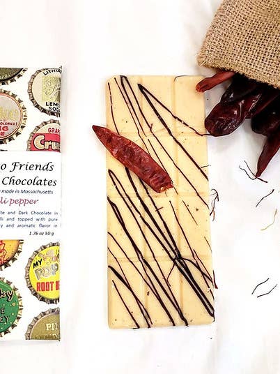 Local Handcrafted White Chocolate Chillipepper& Saffron Bar for wholesale by Two Friends Chocolates