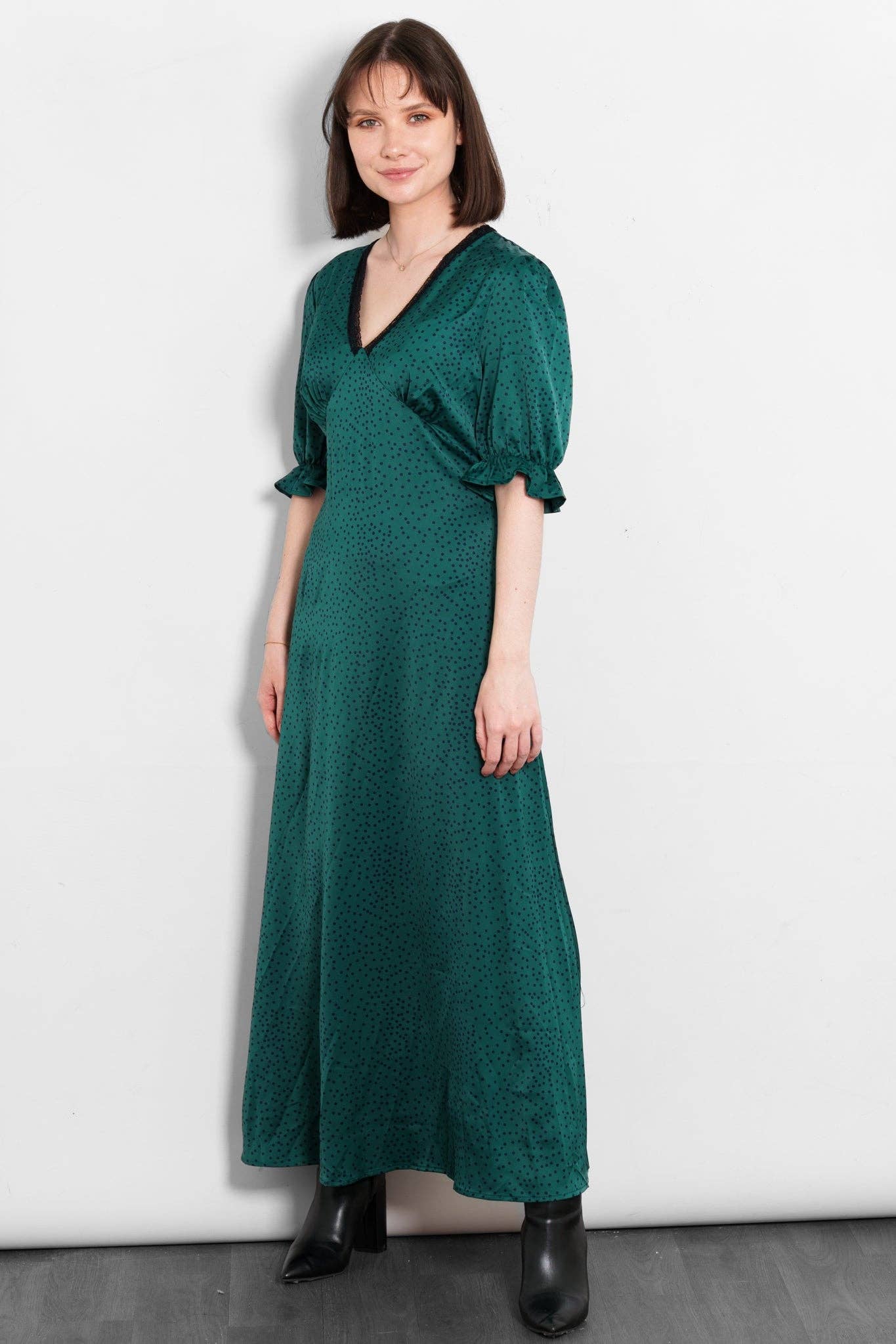 Sarta – wholesale Dress – Women's – Elise V-Neck Tea Dress- Green/Teal, Polka Dot2