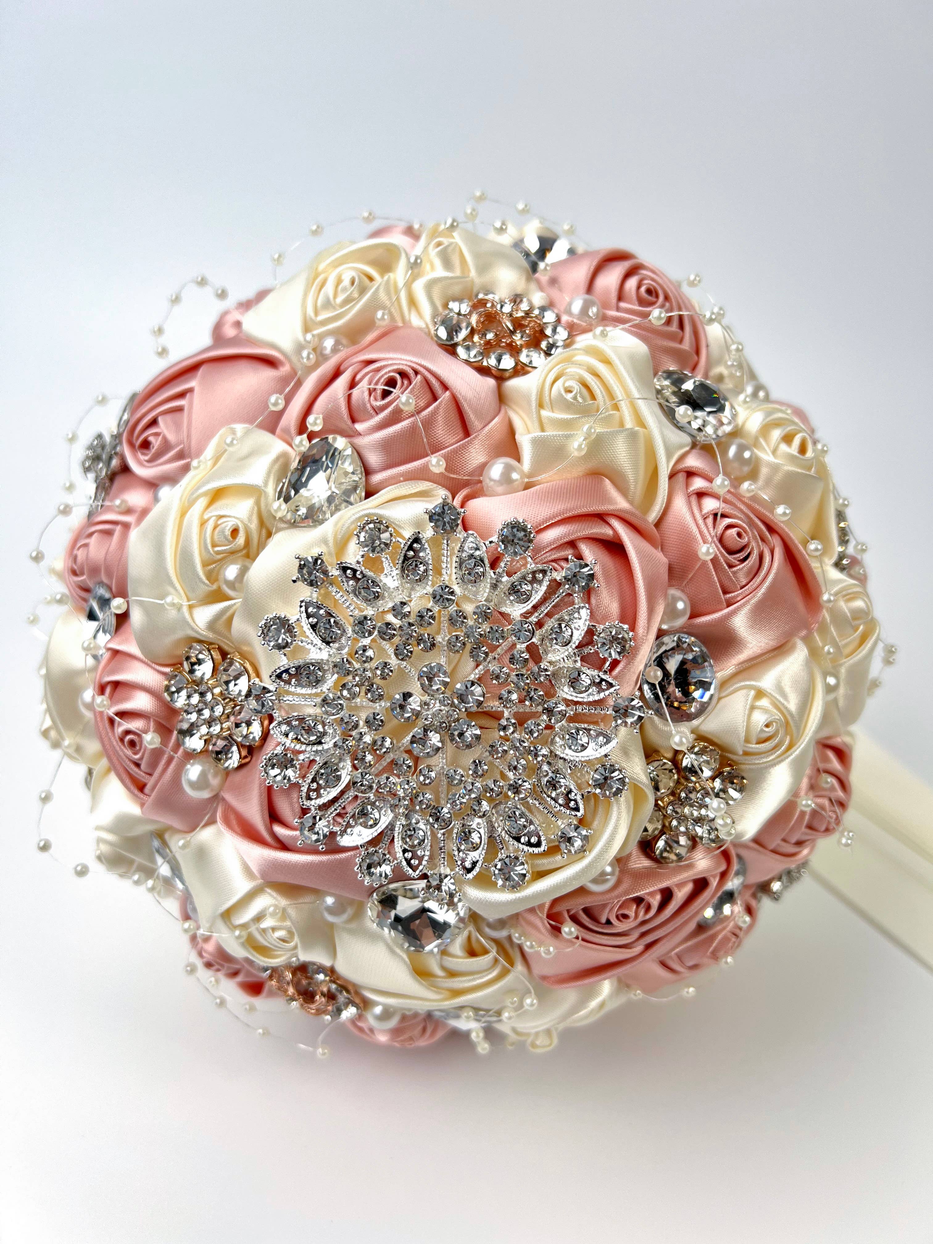 Floris Linens - Wholesale Artificial Flowers - Rhinestone Pearl Bridal Brooch Rose Bouquet for Wedding16