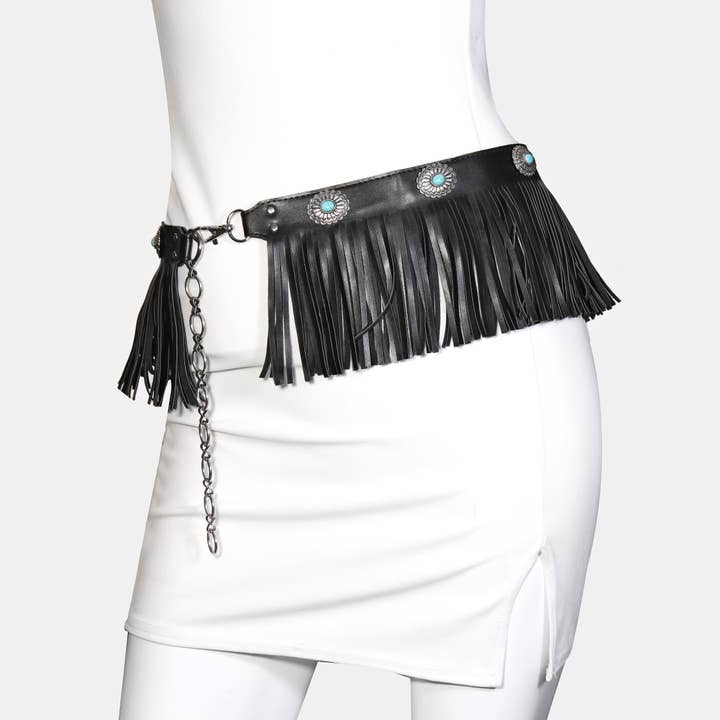 SBBLK Leather Western Concho Fringe Belt for wholesale on Faire