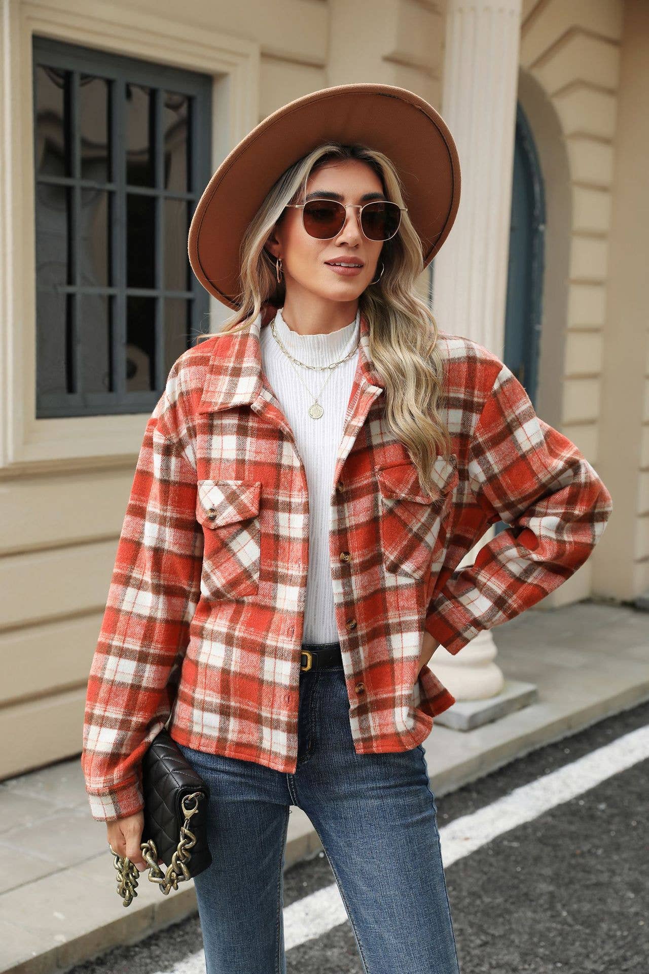 Lily Clothing - Wholesale Shirt Jacket/Shacket - Women's - LONG-SLEEVED PLAID WOOL JACKET WITH BAGGY POCKETS11