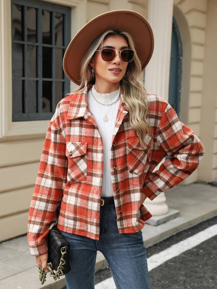 Lily Clothing - Wholesale Shirt Jacket/Shacket - Women's - LONG-SLEEVED PLAID WOOL JACKET WITH BAGGY POCKETS11