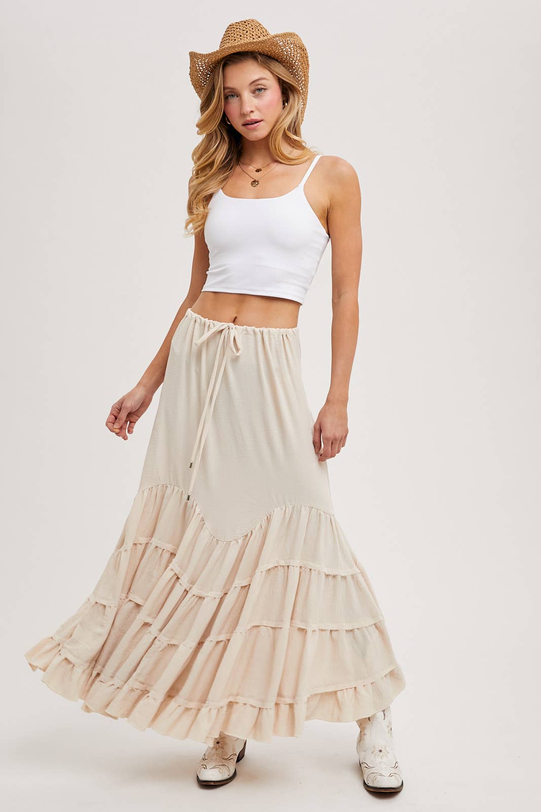 Bluivy - Wholesale Skirt - Women's - RUFFLED DRAWSTRING WASIT MAXI SKIRT WITH LINING7