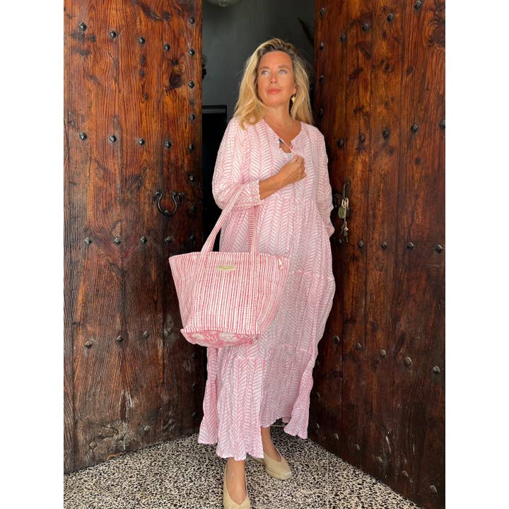 Aurobelle Ibiza - Wholesale Tote Bag - Women's - Brigitte Tote bag Large Quilted Cotton Tote Bag | Pink Block Print Shoulder Bag | Boho Beach Bag | Handmade Travel Bag5