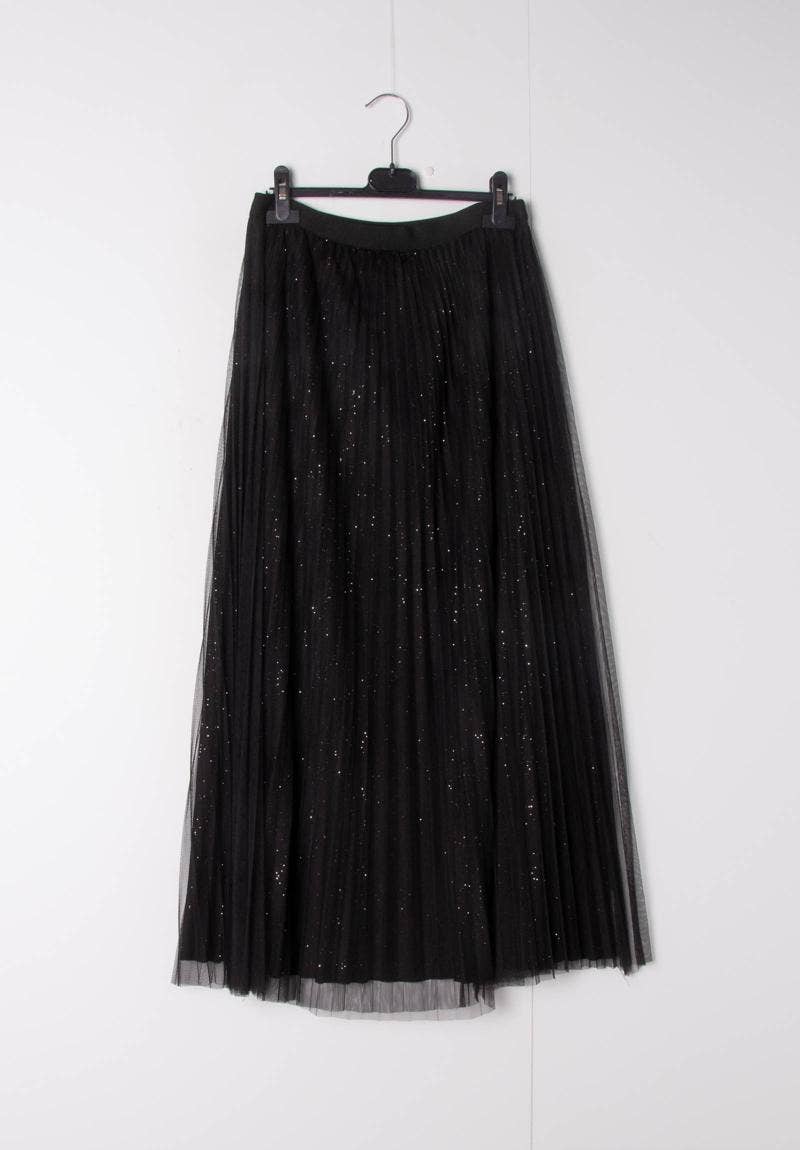 Svart Lång glansig plisserad kjol med volang och vändbar tyll för wholesale på Faire0