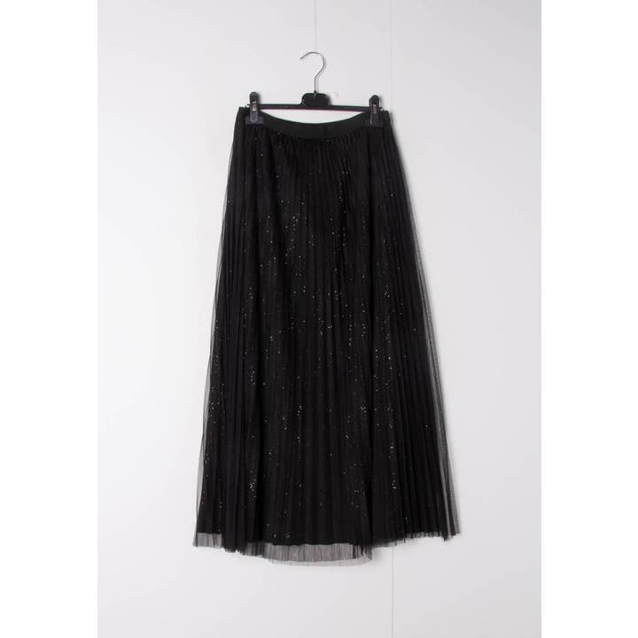 Lang glinsende plisseret og vid nederdel med tyl, vendbar for engroshandel hos LUSA MODE