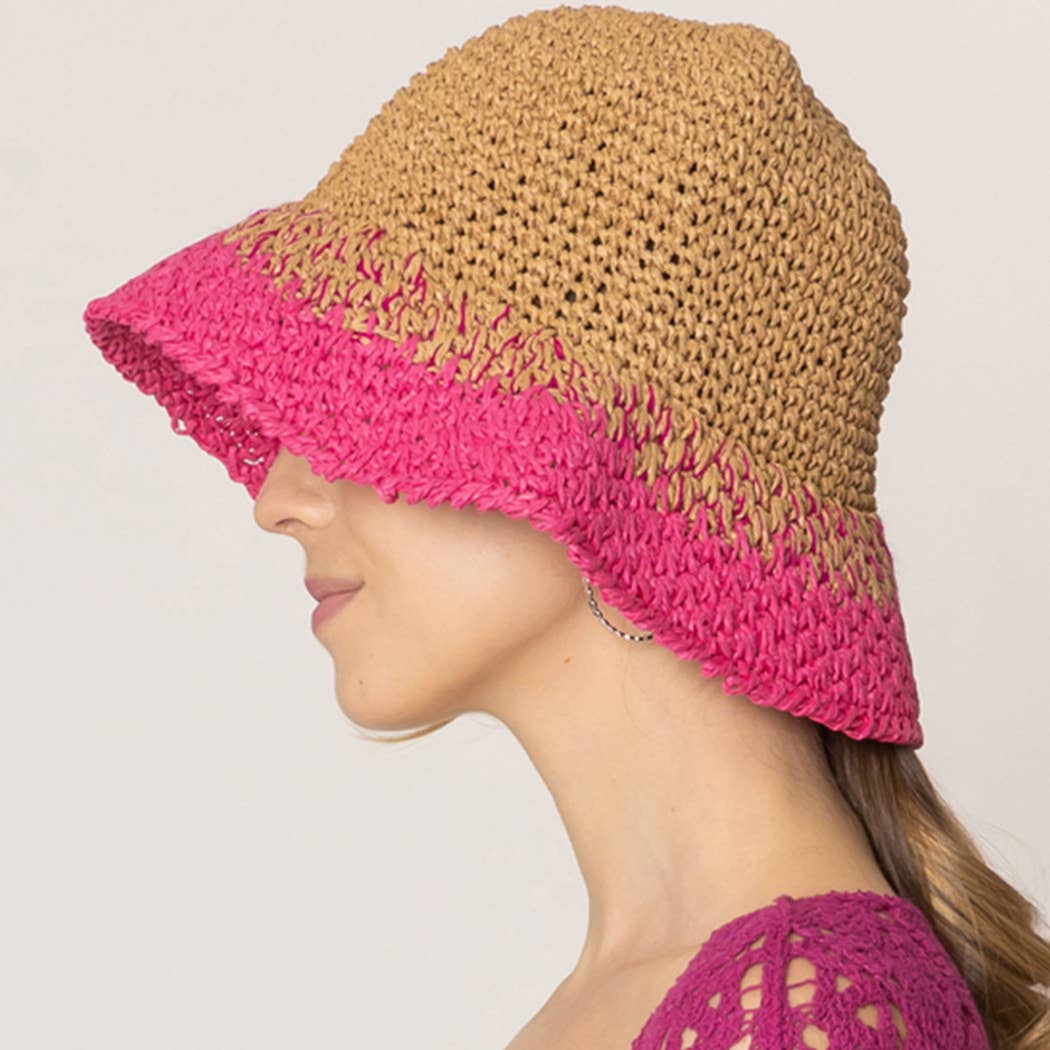 Fashion City - Wholesale Bucket Hat - Women's - Two Tone Color Block Straw Bucket Hat12