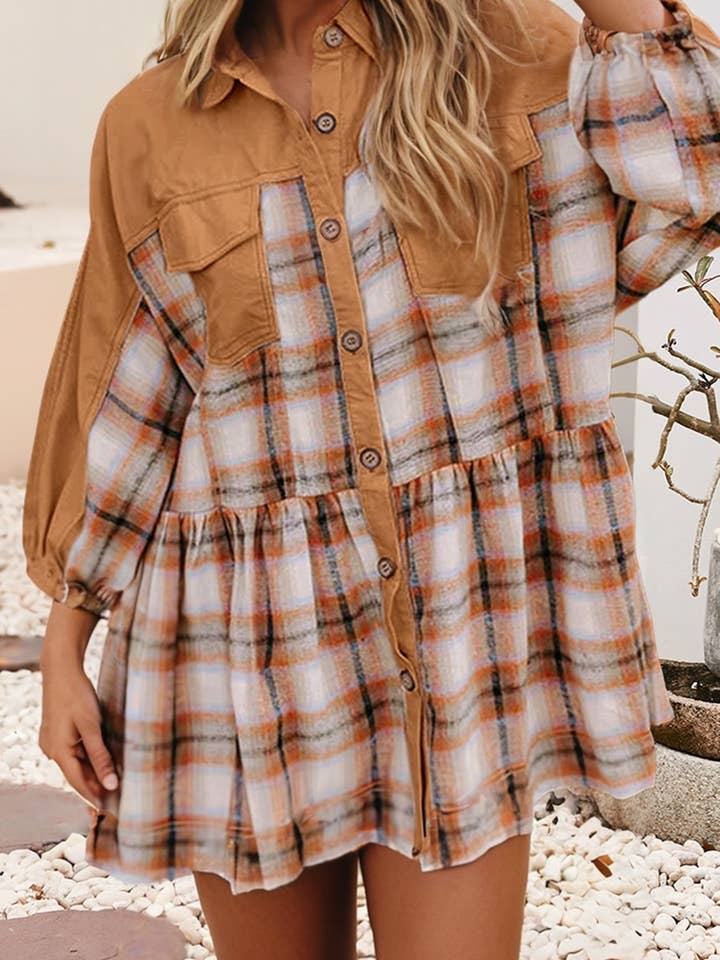 LDC Plaid Color Block Patchwork Ruffle Hem Tunic Shirt Dress for wholesale by Little Daisy Closet