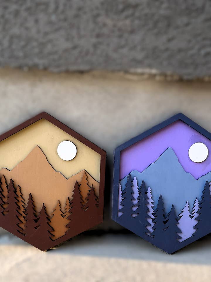 Hexagon Mountain Landscape with Peak, Forest, and Moon for wholesale by Cutting Edge Laser Studio