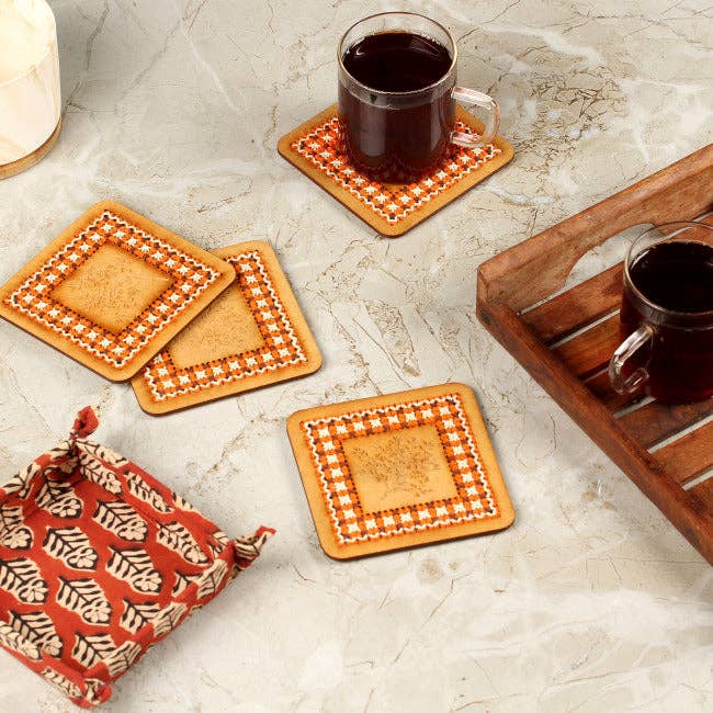 Hand Embroidered Tea Coaster 4 Pc Set (Brown) for wholesale by Giniverse108