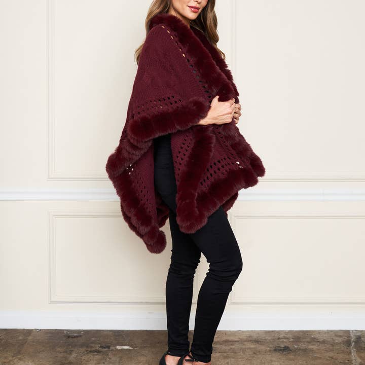 Paparazzi - Wholesale Wrap - Women's - 5803-TBK Faux Fur Trim Knit Open Front Shawl Wrap
6