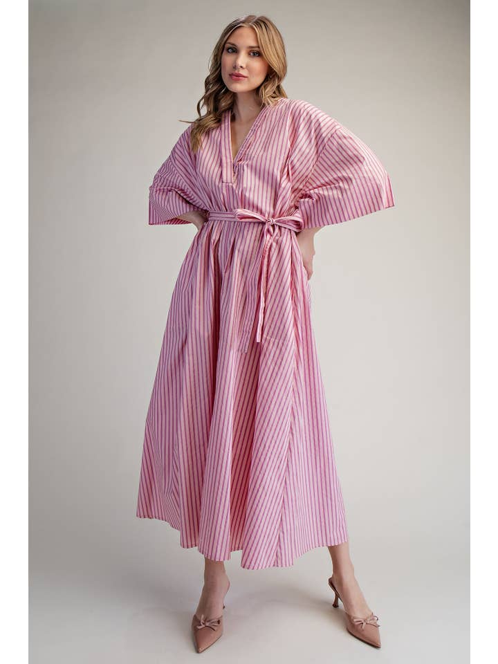 Glam - Wholesale Dress - Women's - Belted Relaxed Stripe Midi Dress