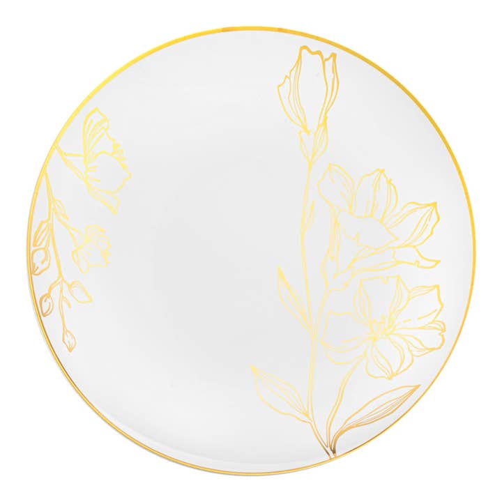 10.25" White Gold Floral Plastic Dinner Plates - 120 pcs for wholesale by Smarty had a Party
