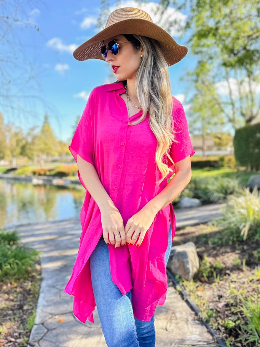 Fuchsia Oversized Sleeveless Button-Down Shirt with Slits for wholesale on Faire1